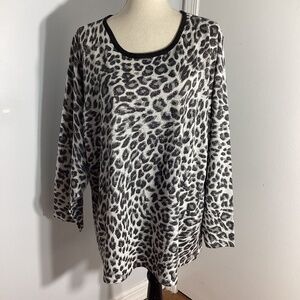 CATHY DANIELS PLUS 3X LIGHTWEGHT SWEATER ANIMAL PRINT SILVER LUREX BLACK WHITE